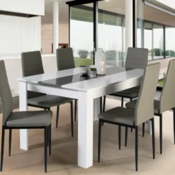 Table à manger blanche et grise 140 cm avec 6 chaises grises