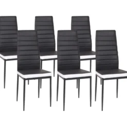 Table à manger blanche et noire 140 cm et 6 chaises noires liseré blanc