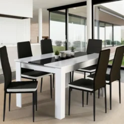 Table à manger blanche et noire 140 cm et 6 chaises noires liseré blanc