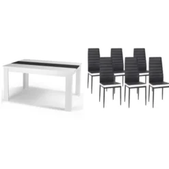 Table à manger blanche et noire 140 cm et 6 chaises noires liseré blanc