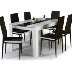 Table à manger blanche et noire 140 cm et 6 chaises noires liseré blanc