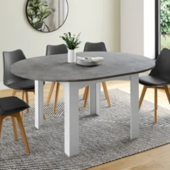 Table à manger blanche et plateau effet béton extensible ronde