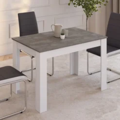 Table à manger blanche rectangle plateau effet béton 4 personnes
