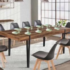 Table à manger bois foncé extensible 6-10 personnes avec pied épingle