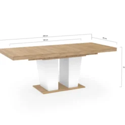 Table à manger extensible avec pied central bois et blanc