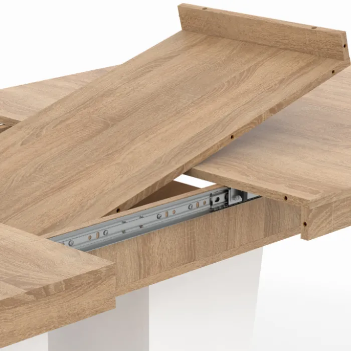 Table à manger extensible avec pied central bois et blanc
