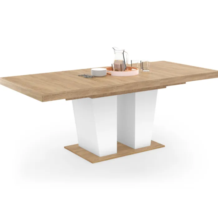Table à manger extensible avec pied central bois et blanc