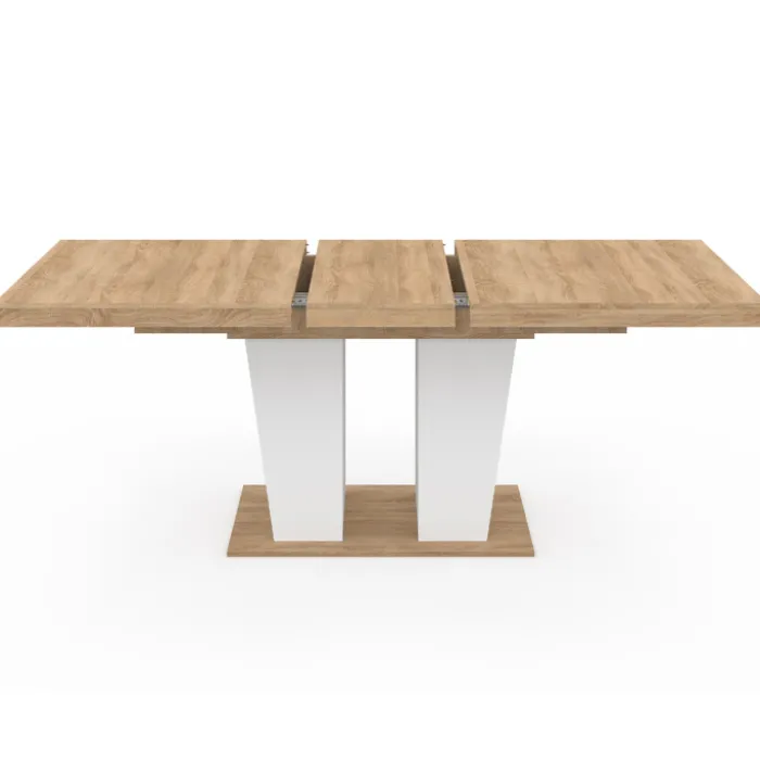 Table à manger extensible avec pied central bois et blanc