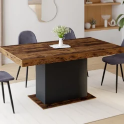 Table à manger extensible bois effet vieilli et noir 6-10 personnes 160-200 cm