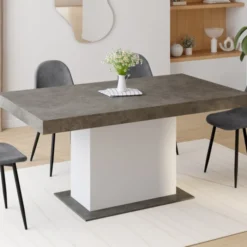 Table à manger extensible béton et blanc 6-10 personnes 160-200 cm