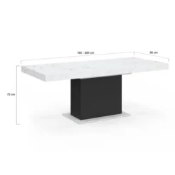 Table à manger extensible 160-200 cm 6-10 personnes plateau effet marbre blanc pied noir