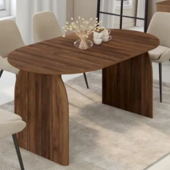 Table à manger extensible ovale japandi 160-200 cm pour 6 à 10 personnes en noyer