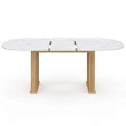 Table à manger extensible ovale JULIETTE 6-10 personnes pieds effet lattes et plateau effet marbre ALASKA 160-200 cm