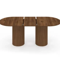 Table à manger extensible ovale JULIETTE 6-10 personnes pieds cylindriques lattes tasseau bois coloris noyer 160-200 cm