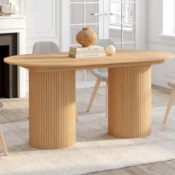 Table à manger extensible ovale 6-10 personnes pieds cylindriques effet lattes 160-200 cm