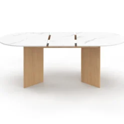 Table à manger extensible 6 -10 personnes plateau ovale marbre blanc et bois façon hêtre 160-200 cm