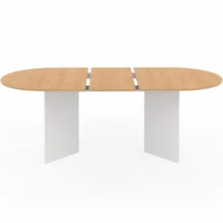 Table à manger extensible 6 -10 personnes plateau ovale bois façon hêtre et blanc 160-200 cm