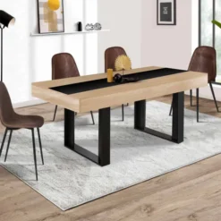 Table à manger extensible 4-8 personnes bois et bande centrale noire