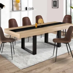 Table à manger extensible 4-8 personnes bois et bande centrale noire