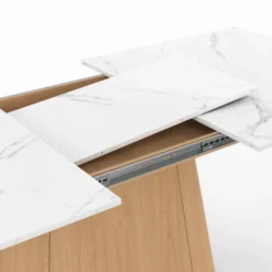 Table à manger extensible rectangle RHONDA 6-10 personnes plateau marbre blanc ALASKA et bois façon hêtre 160-200 cm