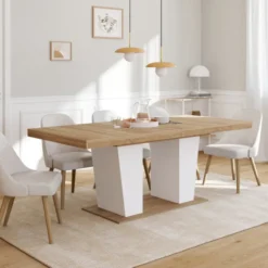 Table à manger extensible rectangle 8-12 personnes bois et blanc 200-250 cm