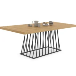 Table à manger extensible rectangle 160-200 cm 6-10 personnes plateau bois et pied filaire en métal noir