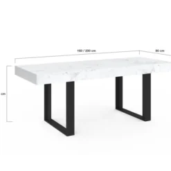 Table à manger extensible rectangulaire 200 cm pour 8 personnes effet marbre et noir