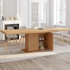 Table à manger extensible rectangle 8-12 personnes pied central effet lattes avec rangement 200-250 cm