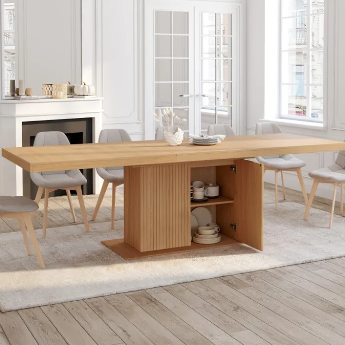Table à manger extensible rectangle 8-12 personnes pied central effet lattes avec rangement 200-250 cm