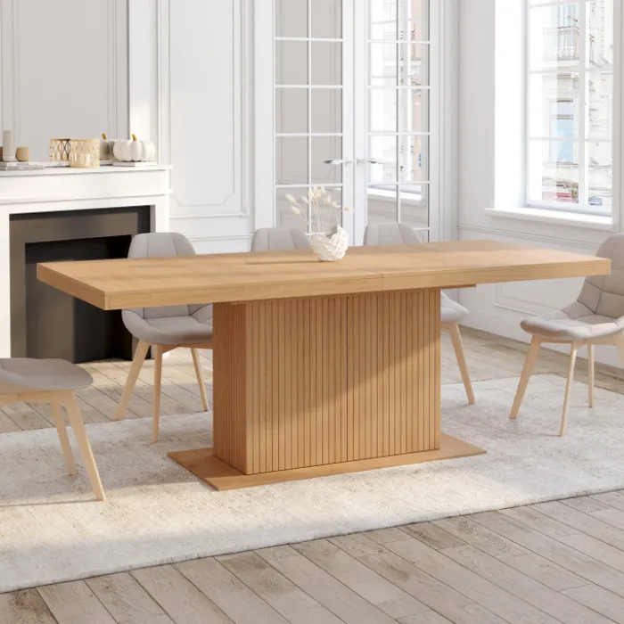 Table à manger extensible rectangle 8-12 personnes pied central effet lattes avec rangement 200-250 cm