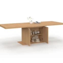 Table à manger extensible rectangle 8-12 personnes pied central effet lattes avec rangement 200-250 cm