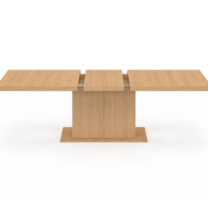 Table à manger extensible rectangle 8-12 personnes pied central effet lattes avec rangement 200-250 cm