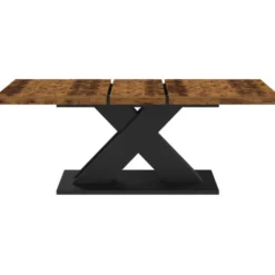 Table à manger extensible rectangle 160-200 cm 6-10 personnes pied X noir et plateau bois foncé