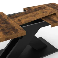 Table à manger extensible rectangle 160-200 cm 6-10 personnes pied X noir et plateau bois foncé