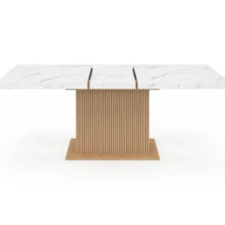 Table à manger extensible rectangle 6-10 personnes plateau effet marbre lattes tasseau bois avec rangement 160-200 cm