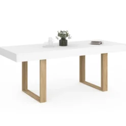 Table à manger extensible rectangulaire 160-200 cm pour 4 à 8 personnes en blanc et bois