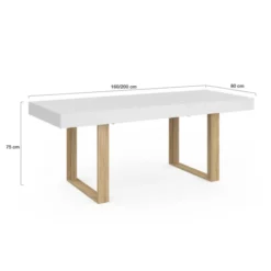 Table à manger extensible rectangulaire 160-200 cm pour 4 à 8 personnes en blanc et bois