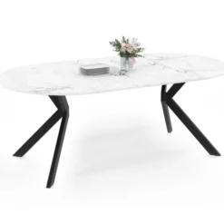 Table à manger extensible ronde 4-10 personnes pied araignée noir plateau effet marbre blanc 110-200 cm