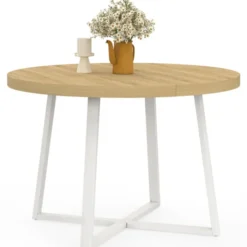Table à manger extensible ronde 4-10 personnes bois et blanc 110-200 cm