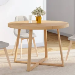 Table à manger extensible ronde 4-8 personnes bois effet hêtre 110-150 cm