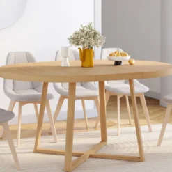 Table à manger extensible ronde 4-8 personnes bois effet hêtre 110-150 cm