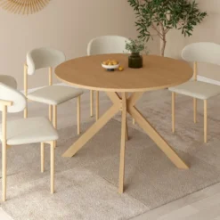 Table à manger extensible ronde 4-10 personnes pied araignée bois effet hêtre 110-200 cm
