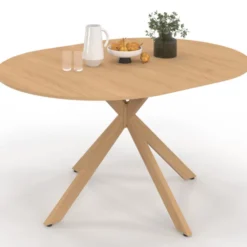 Table à manger extensible ronde 4-8 personnes pied araignée bois effet hêtre 110-150 cm