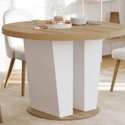 Table à manger extensible ronde 4-8 personnes bois et blanc 110-150 cm