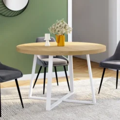Table à manger extensible ronde 4-8 personnes bois et blanc 110-150 cm