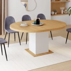 Table à manger extensible ronde 120-160 cm 4-8 personnes bois et blanc