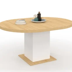 Table à manger extensible ronde 120-160 cm 4-8 personnes bois et blanc