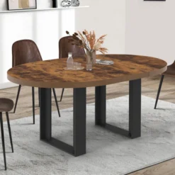 Table à manger extensible ronde 4-6 personnes bois foncé effet vieilli et noir