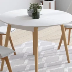Table à manger extensible ronde 4-10 personnes blanc pied bois 110 - 200 cm