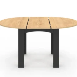 Table à manger extensible ronde 4-8 personnes noire plateau façon hêtre 110-150 cm